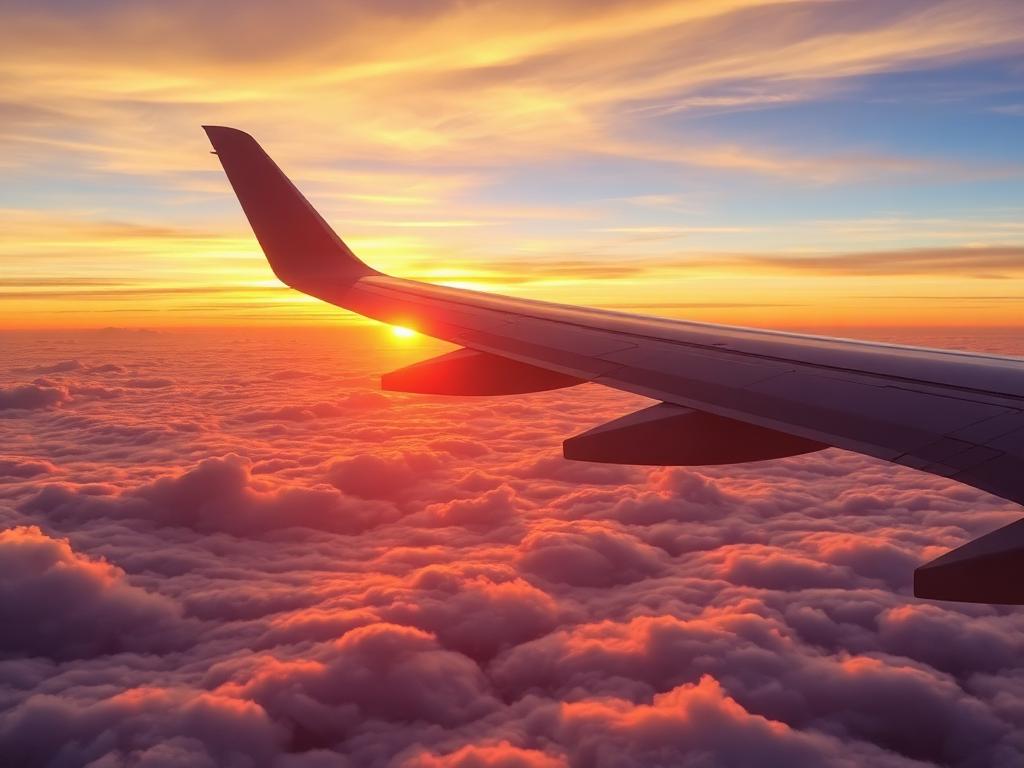 Airplane wing above clouds at sunset