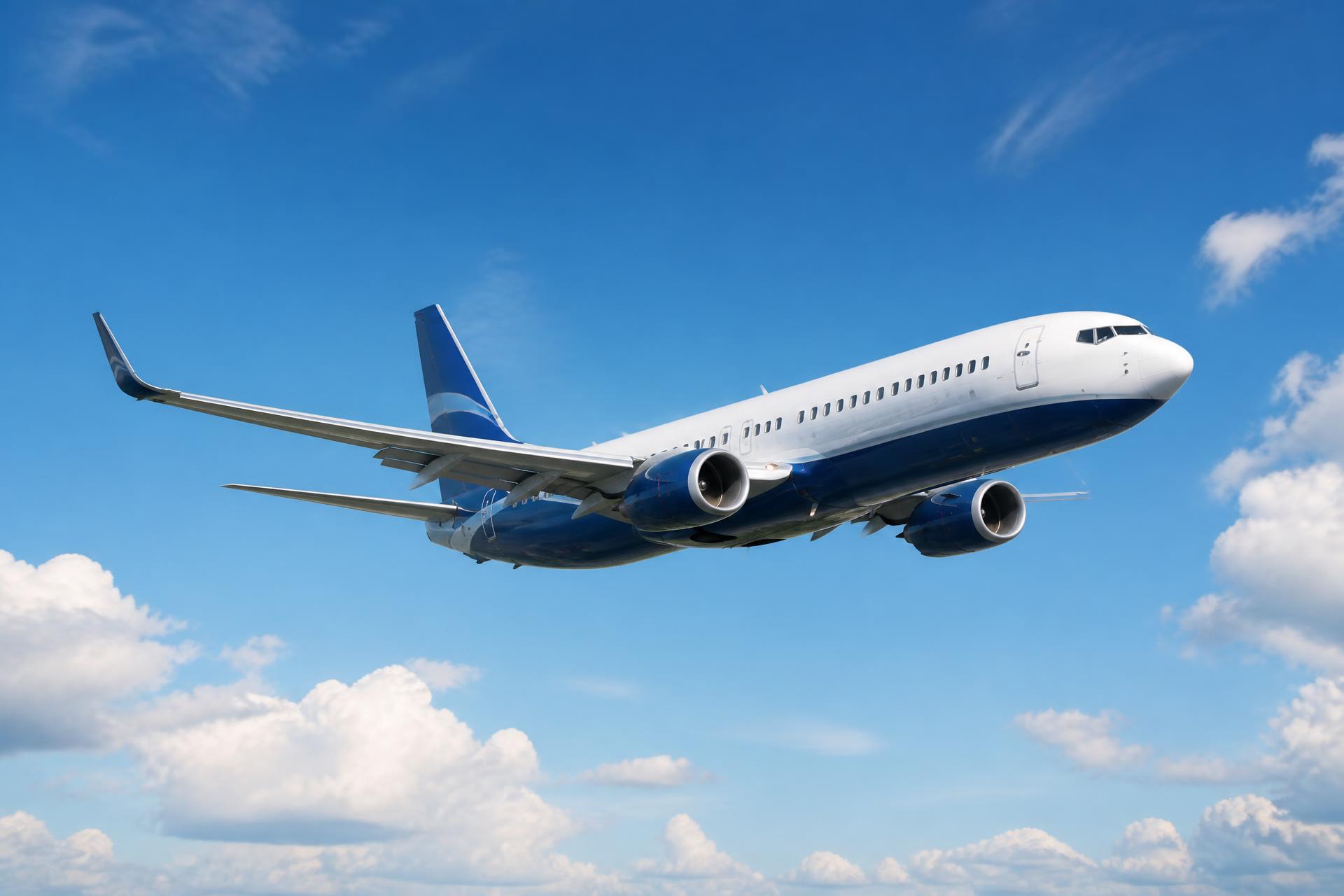 A wide-body airliner climbing through deep blue skies above dramatic sunlit clouds.