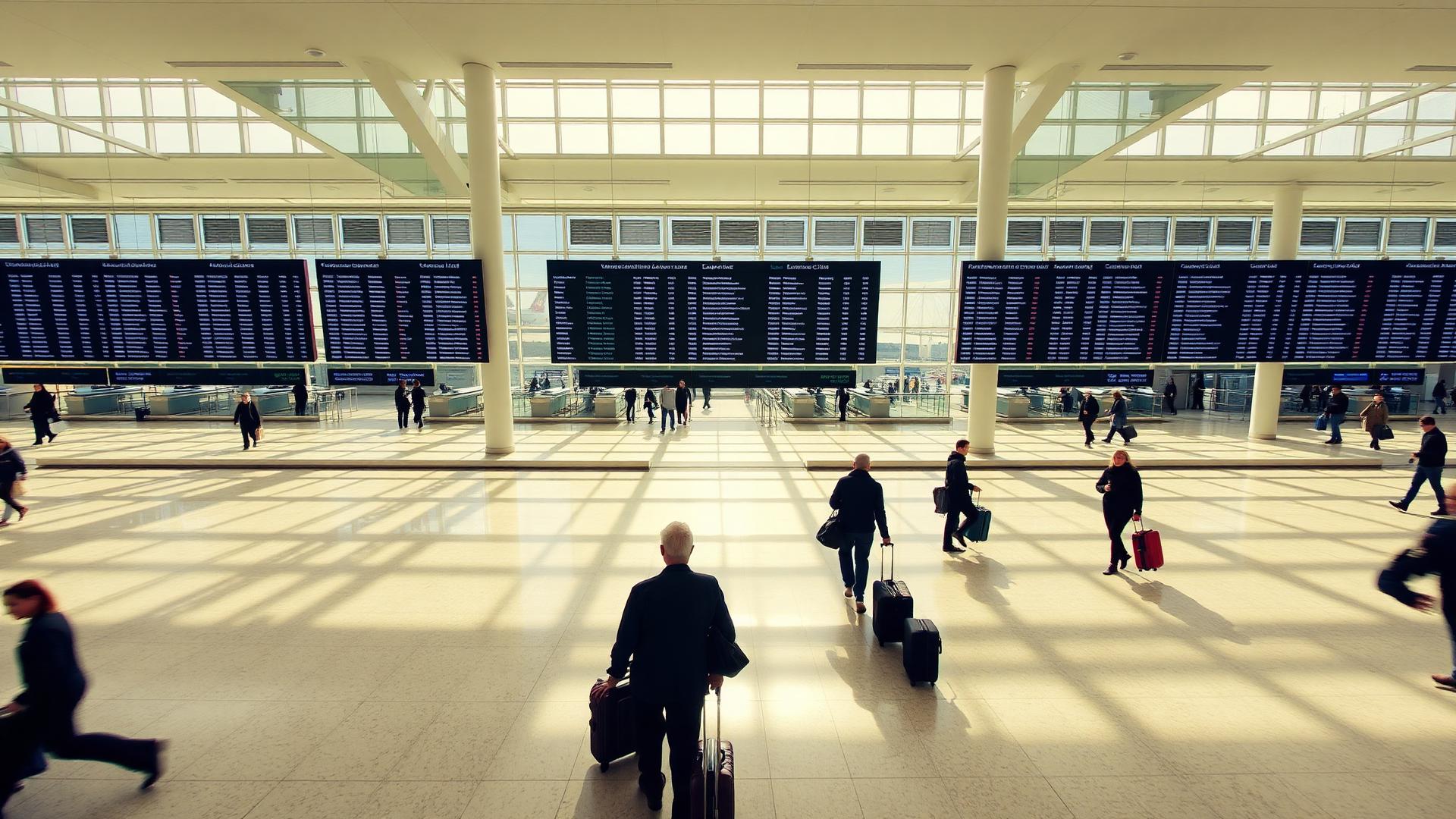 Modern airport departure hall with travelers