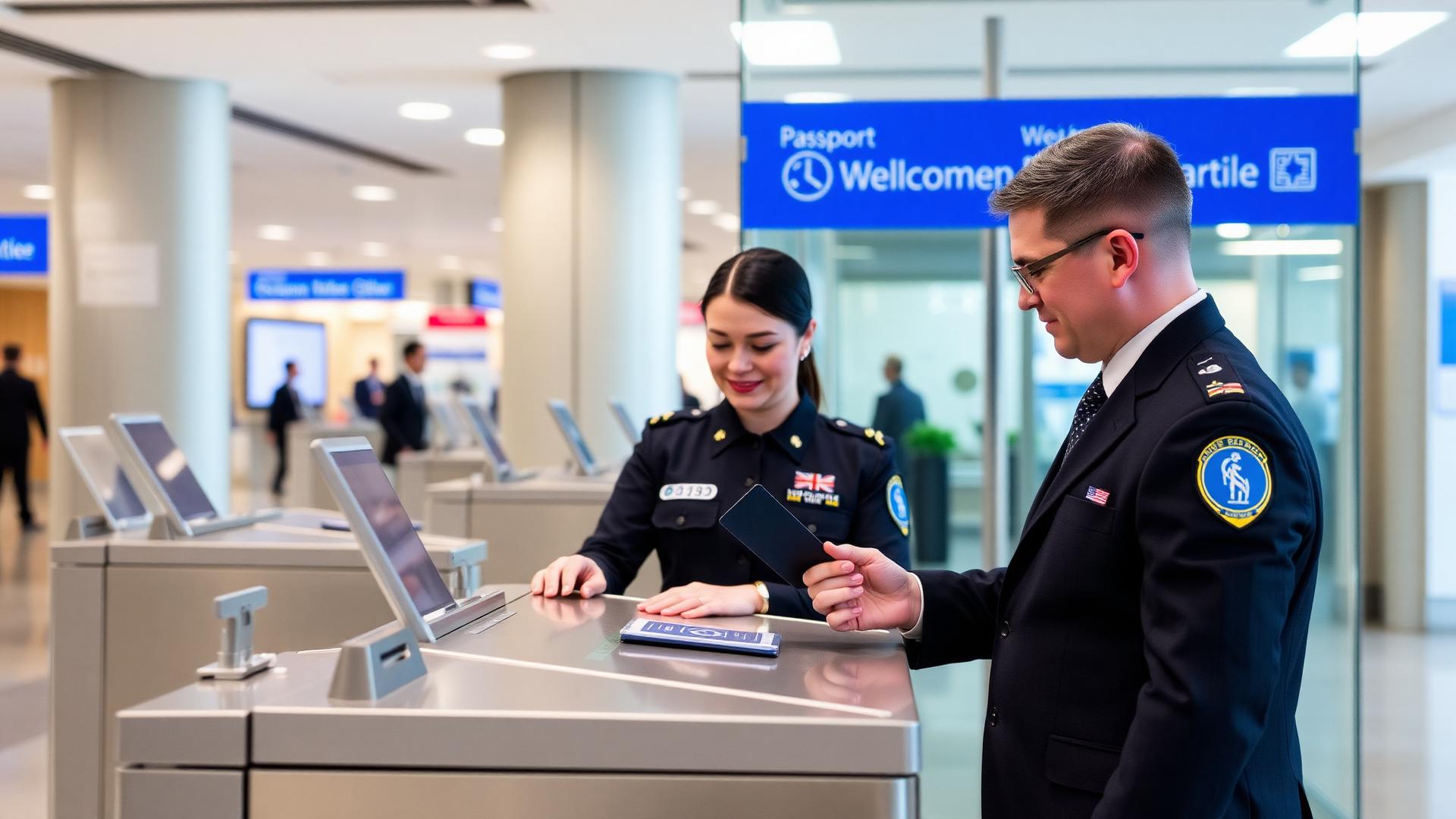 Immigration officer stamping a passport at border control