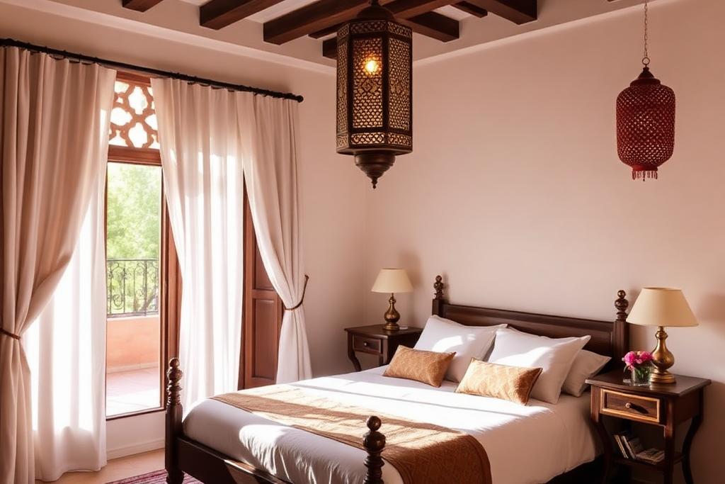Marrakech — Riad bedroom with Moroccan lanterns