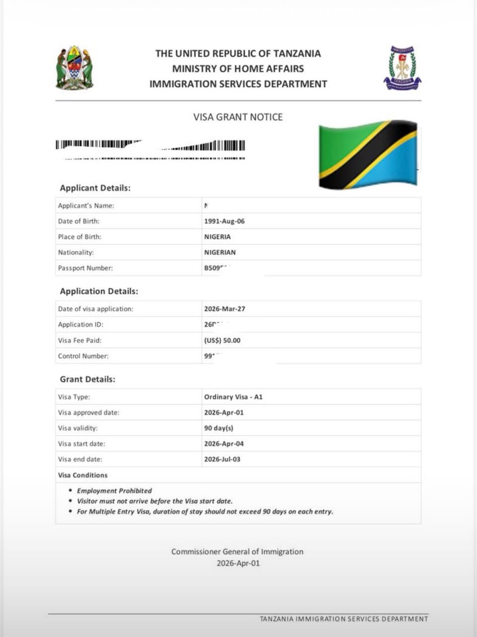 Tanzania Tourist Visa approval